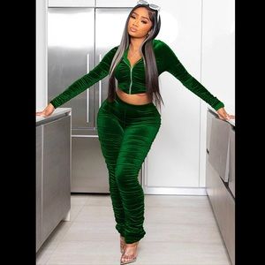 2 Piece Zip Up Hooded Sweatshirts With Ruched Velvet Track pants